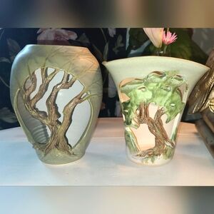 Vintage signed Walton Pottery cut out tree vase, set of 2